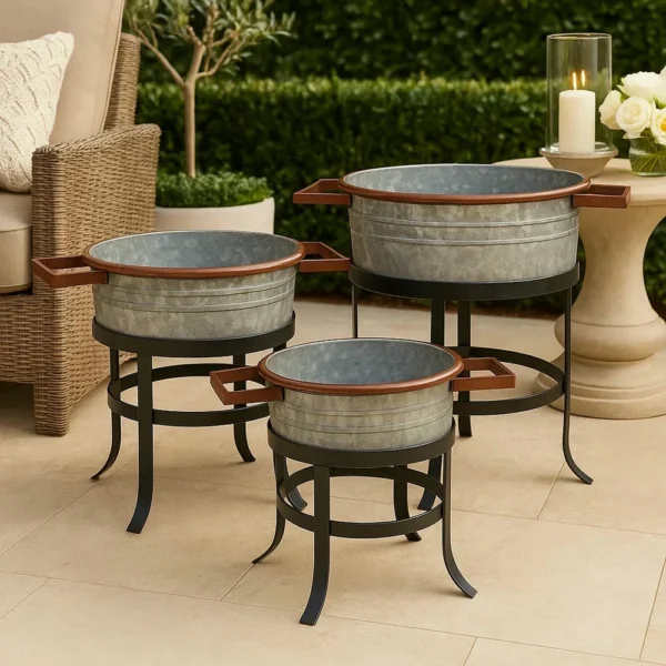 UPT-271316_15 21, 18, and 16 Inch 3 Piece Round Tub Metal Planter Set with Stand in Galvanized Gray and Black Iron