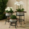 UPT-271316_16 21, 18, and 16 Inch 3 Piece Round Tub Metal Planter Set with Stand in Galvanized Gray and Black Iron