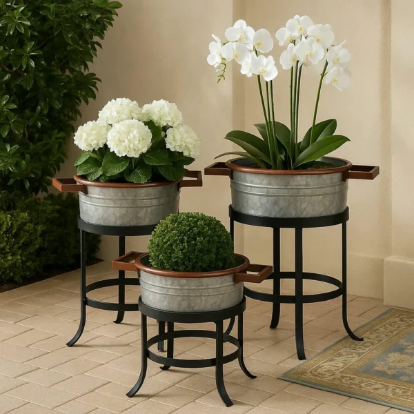 UPT-271316_16 21, 18, and 16 Inch 3 Piece Round Tub Metal Planter Set with Stand in Galvanized Gray and Black Iron