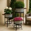 UPT-271316_17 21, 18, and 16 Inch 3 Piece Round Tub Metal Planter Set with Stand in Galvanized Gray and Black Iron