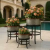 UPT-271316_18 21, 18, and 16 Inch 3 Piece Round Tub Metal Planter Set with Stand in Galvanized Gray and Black Iron