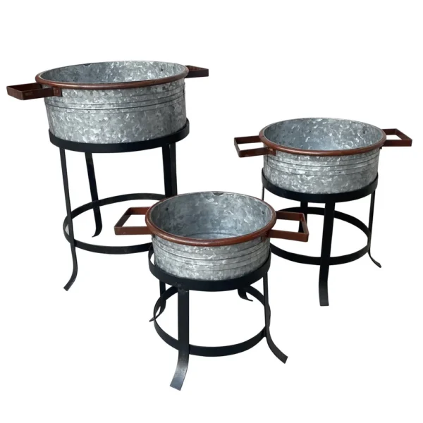 UPT-271316_1_31920859-b5d2-4f0d-87d0-72660b134d3e 21, 18, and 16 Inch 3 Piece Round Tub Metal Planter Set with Stand in Galvanized Gray and Black Iron