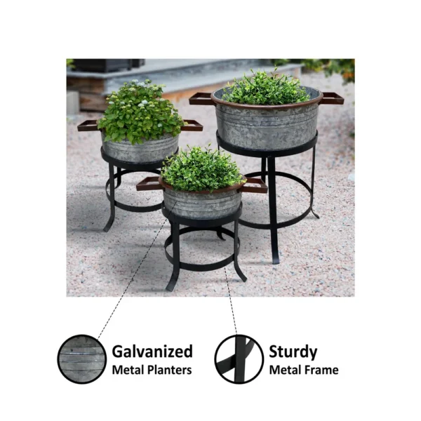 UPT-271316_9_7b795d6f-14a1-4463-85a1-2a2fa8ecf49b 21, 18, and 16 Inch 3 Piece Round Tub Metal Planter Set with Stand in Galvanized Gray and Black Iron