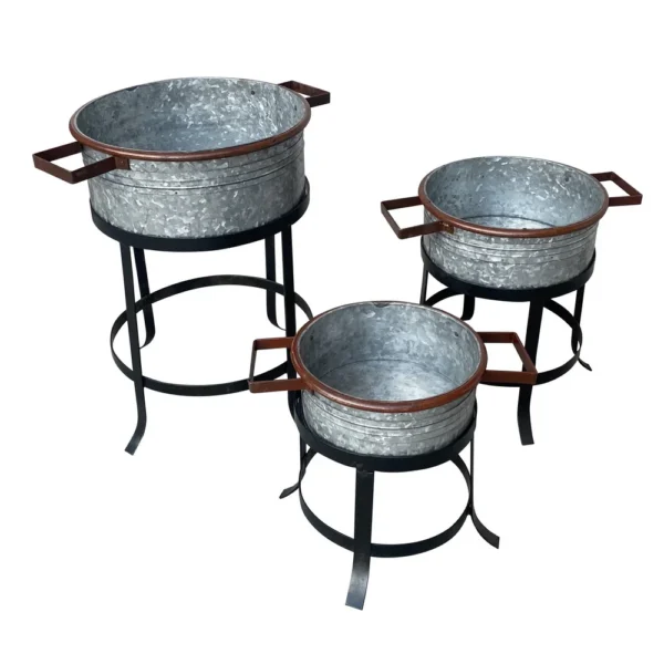 UPT-271316_aaa5bdc1-04d3-47ff-a153-a1012470abea 21, 18, and 16 Inch 3 Piece Round Tub Metal Planter Set with Stand in Galvanized Gray and Black Iron
