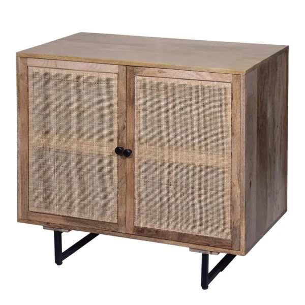 UPT-272530 35 Inch Handcrafted Accent Cabinet with 2 Mesh Rattan Doors, Black Iron Legs, Natural Brown Mango Wood Frame
