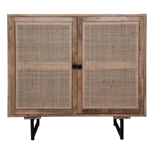 UPT-272530_1 35 Inch Handcrafted Accent Cabinet with 2 Mesh Rattan Doors, Black Iron Legs, Natural Brown Mango Wood Frame