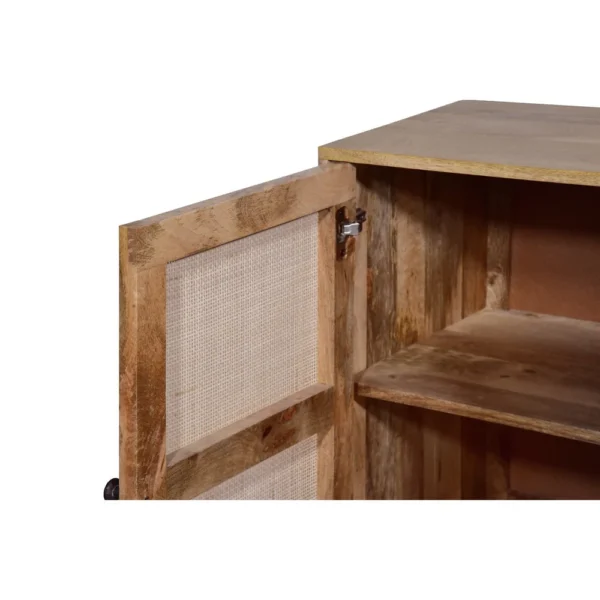 UPT-272530_4 35 Inch Handcrafted Accent Cabinet with 2 Mesh Rattan Doors, Black Iron Legs, Natural Brown Mango Wood Frame