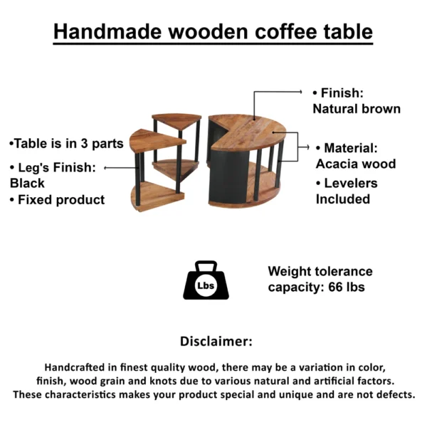 Jones 30-Inch Round Coffee Table, Handcrafted Natural Brown Acacia Wood, 3 Piece Split Design