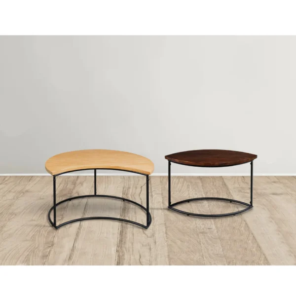 35 Inch 2 Piece Coffee Table with Black Iron Frame, 2 Tone Mango Wood Top In Natural Brown and Walnut