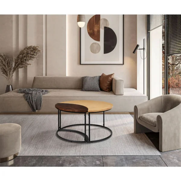 35 Inch 2 Piece Coffee Table with Black Iron Frame, 2 Tone Mango Wood Top In Natural Brown and Walnut