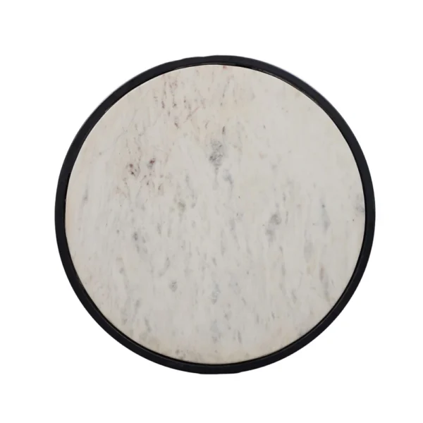Beri 18 Inch Side End Table, Round White Natural Marble Top, Classic Slim Black Iron Frame