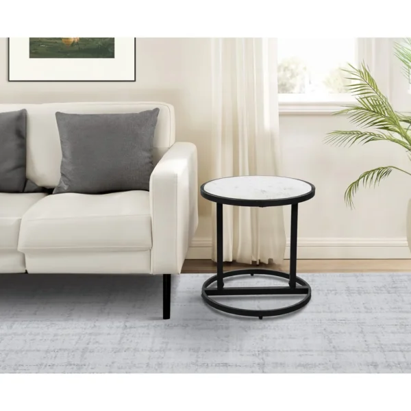 Beri 18 Inch Side End Table, Round White Natural Marble Top, Classic Slim Black Iron Frame