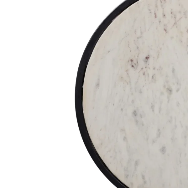 Beri 18 Inch Side End Table, Round White Natural Marble Top, Classic Slim Black Iron Frame