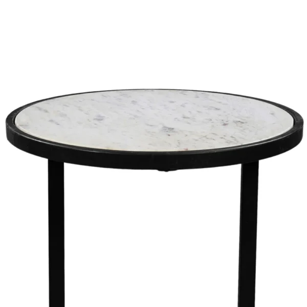 Beri 18 Inch Side End Table, Round White Natural Marble Top, Classic Slim Black Iron Frame