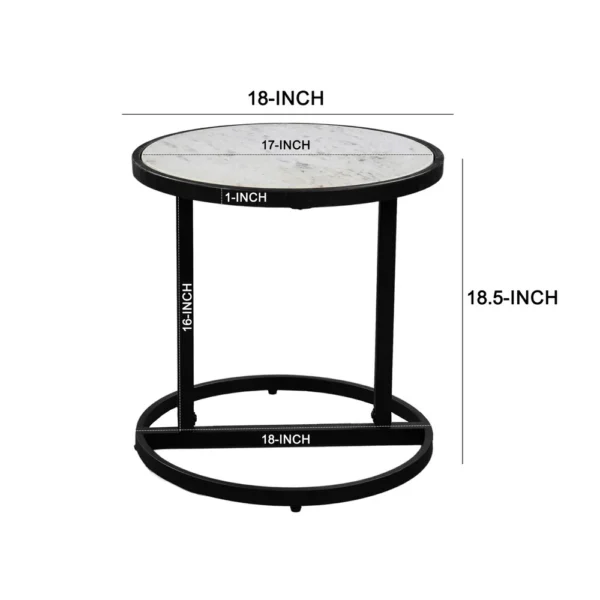 Beri 18 Inch Side End Table, Round White Natural Marble Top, Classic Slim Black Iron Frame
