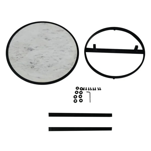 Beri 18 Inch Side End Table, Round White Natural Marble Top, Classic Slim Black Iron Frame