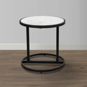 Beri 18 Inch Side End Table, Round White Natural Marble Top, Classic Slim Black Iron Frame