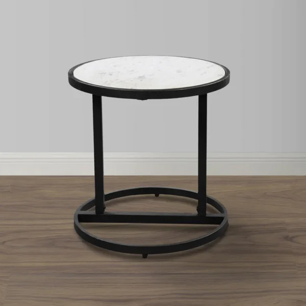 Beri 18 Inch Side End Table, Round White Natural Marble Top, Classic Slim Black Iron Frame