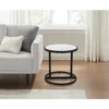 Beri 18 Inch Side End Table, Round White Natural Marble Top, Classic Slim Black Iron Frame