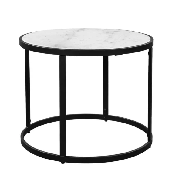 UPT-273475 23 Inch Side End Table, Modern Round White Natural Marble Top, Classic Black Iron Frame
