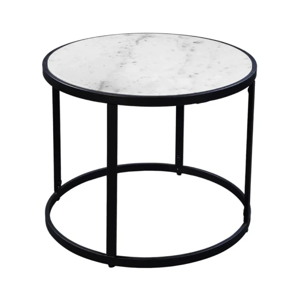 UPT-273475_1 23 Inch Side End Table, Modern Round White Natural Marble Top, Classic Black Iron Frame