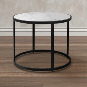 UPT-273475_10 23 Inch Side End Table, Modern Round White Natural Marble Top, Classic Black Iron Frame