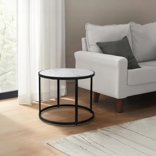UPT-273475_11 23 Inch Side End Table, Modern Round White Natural Marble Top, Classic Black Iron Frame