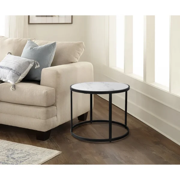 UPT-273475_12 23 Inch Side End Table, Modern Round White Natural Marble Top, Classic Black Iron Frame