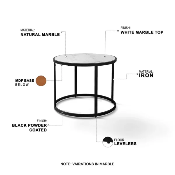 UPT-273475_8 23 Inch Side End Table, Modern Round White Natural Marble Top, Classic Black Iron Frame