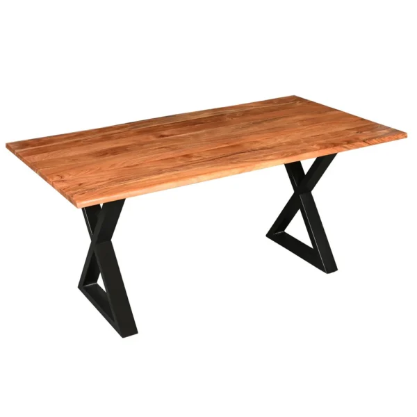 UPT-273760 67 Inch Rectangular Dining Table with Crossed Black Metal Legs and Natural Brown Faux Live Edge Acacia Wood Top