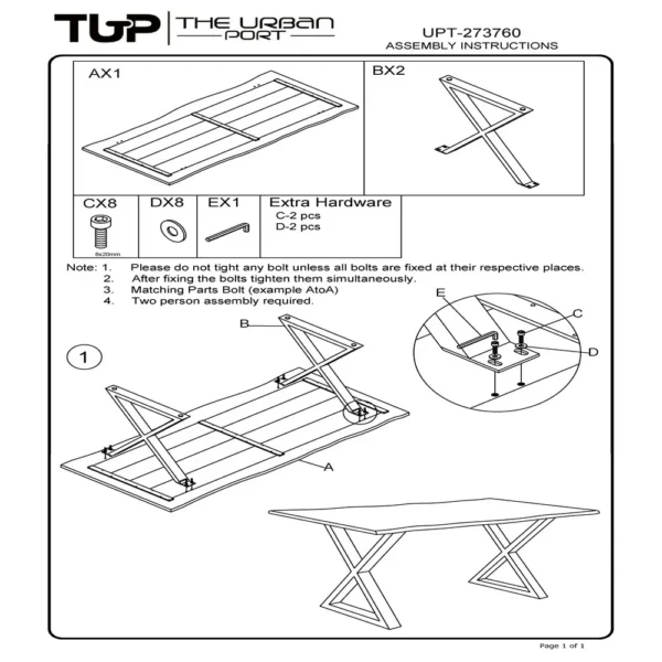 UPT-273760-Assembly-Instructions 67 Inch Rectangular Dining Table with Crossed Black Metal Legs and Natural Brown Faux Live Edge Acacia Wood Top