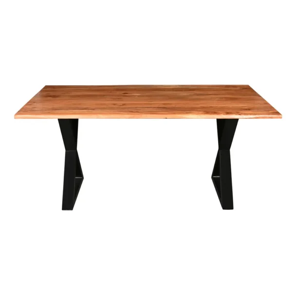 UPT-273760_1 67 Inch Rectangular Dining Table with Crossed Black Metal Legs and Natural Brown Faux Live Edge Acacia Wood Top