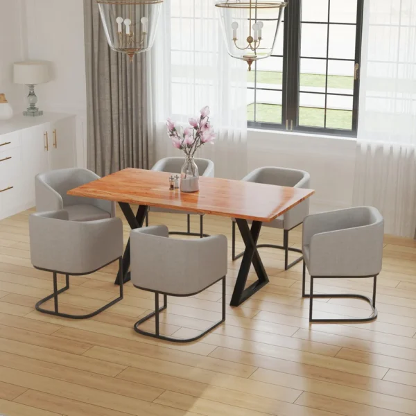 UPT-273760_10 67 Inch Rectangular Dining Table with Crossed Black Metal Legs and Natural Brown Faux Live Edge Acacia Wood Top