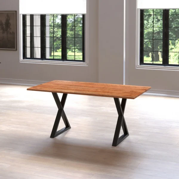 UPT-273760_9 67 Inch Rectangular Dining Table with Crossed Black Metal Legs and Natural Brown Faux Live Edge Acacia Wood Top