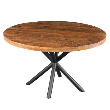 UPT-273762 48 Inch Handcrafted Dining Table, Solid Mango Wood Round Top with Iron Crisscrossed Legs, Natural Brown and Black