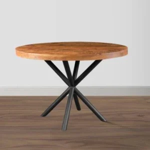 48 Inch Handcrafted Dining Table, Solid Mango Wood Round Top with Iron Crisscrossed Legs, Natural Brown and Black