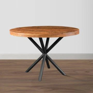 UPT-273762_10 48 Inch Handcrafted Dining Table, Solid Mango Wood Round Top with Iron Crisscrossed Legs, Natural Brown and Black