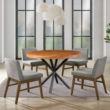 UPT-273762_12_1 48 Inch Handcrafted Dining Table, Solid Mango Wood Round Top with Iron Crisscrossed Legs, Natural Brown and Black