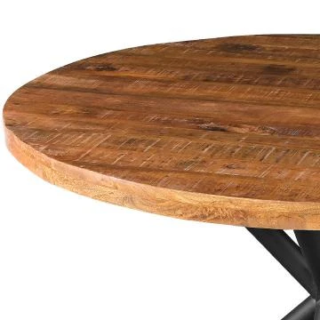 UPT-273762_3 48 Inch Handcrafted Dining Table, Solid Mango Wood Round Top with Iron Crisscrossed Legs, Natural Brown and Black