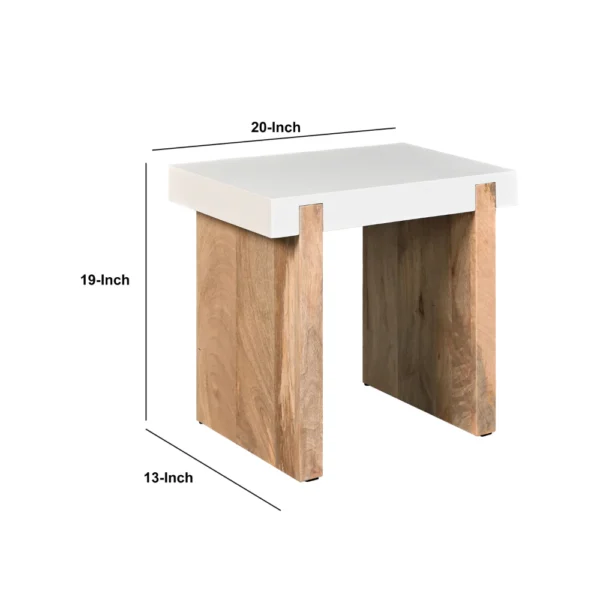 Kerry 20 Inch Rectangular End Side Table, Mango Wood, Sled Base, Glossy White, Natural Brown