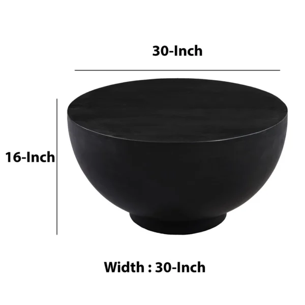 30 Inch Modern Art Coffee Table, Round Drum Shape, Solid Mango Wood, Matte Black