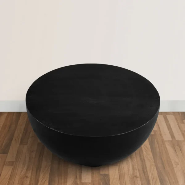 30 Inch Modern Art Coffee Table, Round Drum Shape, Solid Mango Wood, Matte Black