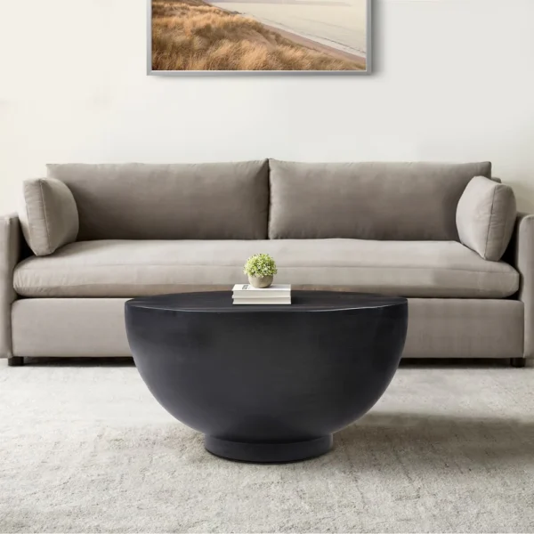 30 Inch Modern Art Coffee Table, Round Drum Shape, Solid Mango Wood, Matte Black