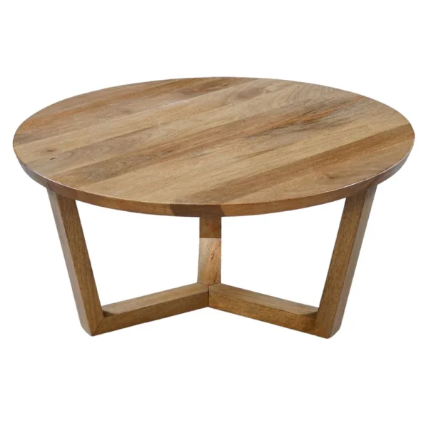 Nina 30 inch Round Mango Wood Coffee Table - Handcrafted Natural Brown, Sturdy 3-Leg Sled Base