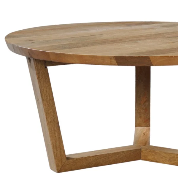 Nina 30 inch Round Mango Wood Coffee Table - Handcrafted Natural Brown, Sturdy 3-Leg Sled Base