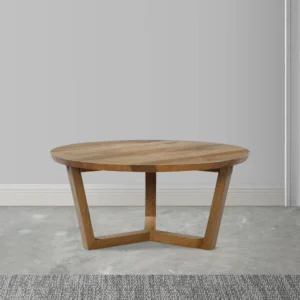 Nina 30 inch Round Mango Wood Coffee Table - Handcrafted Natural Brown, Sturdy 3-Leg Sled Base