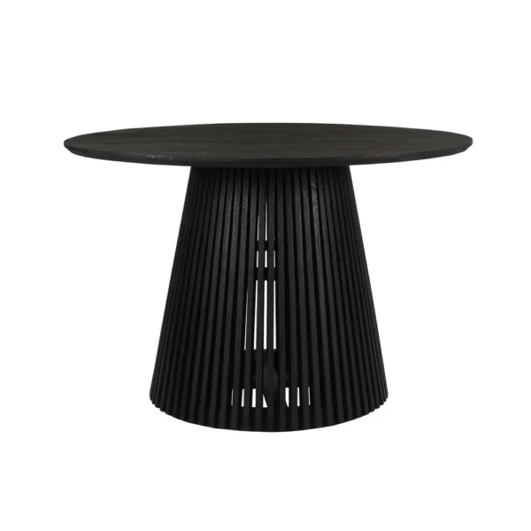 Ridge 47 Inch Handcrafted Mango Wood Round Dining Table, Slatted Flared Base, Black