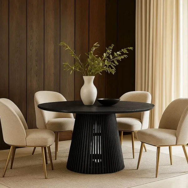 Ridge 47 Inch Handcrafted Mango Wood Round Dining Table, Slatted Flared Base, Black