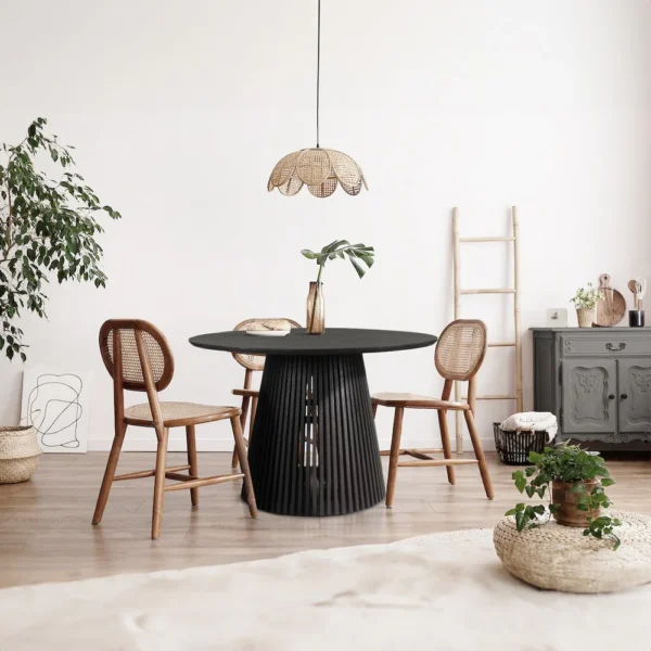 Ridge 47 Inch Handcrafted Mango Wood Round Dining Table, Slatted Flared Base, Black