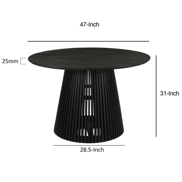 Ridge 47 Inch Handcrafted Mango Wood Round Dining Table, Slatted Flared Base, Black